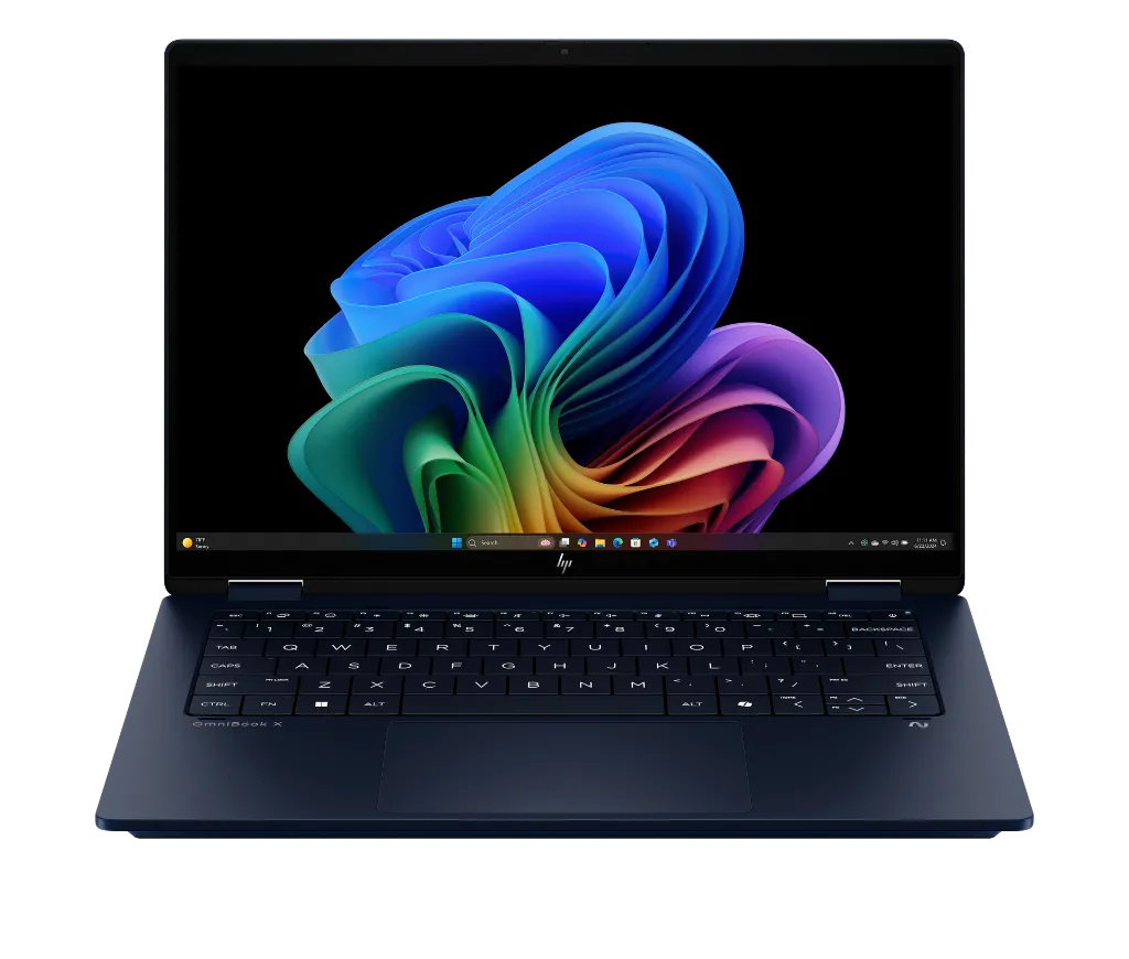 25C1_OmniBook X Flip_14_Atmospheric Blue_T_IR Cam_nonSD_nonFPR_Copilot Taskbar_Core Set_Front_WhiteBG_3319715.webp